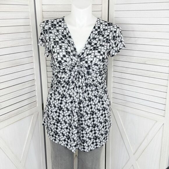 Cato Twist Front Geometric Print Tunic Top Grey White Large Cap Sleeve - Picture 1 of 12